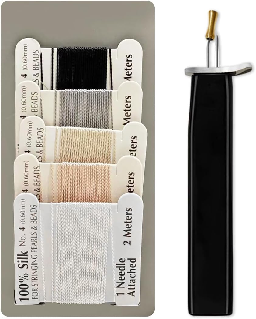 A black beading knot tool with five spools of thread