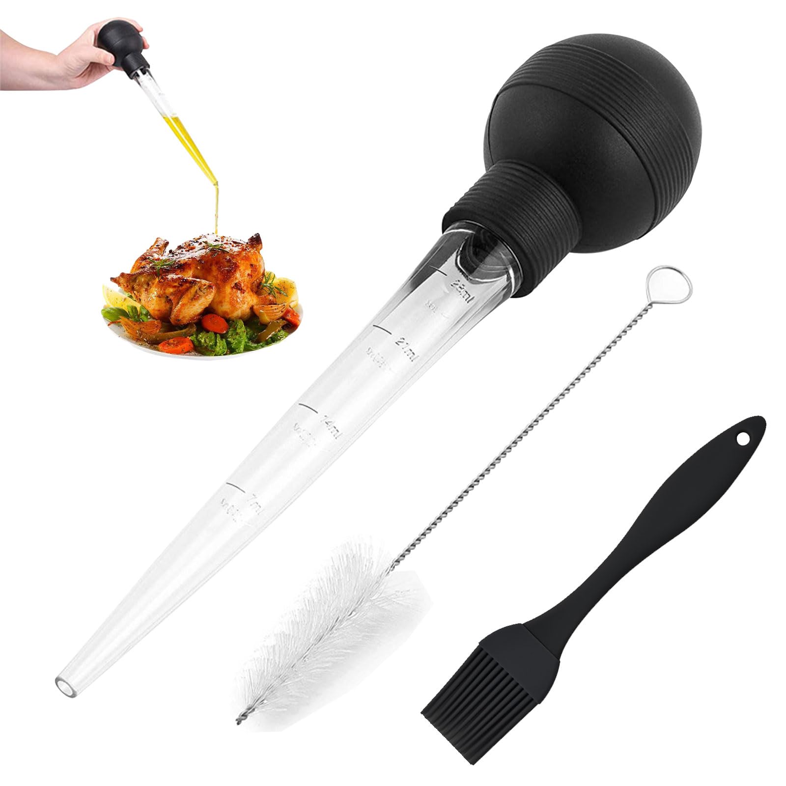 Set di 4 pasticci per tacchino in silicone, ago per marinatura, spazzola barbecue, pulizia (nero)