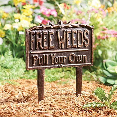 Art & Artifact Free Weeds Yard Sign, Garden Stake Cast Iron Warm Bronze Finish, 10" Wide X 12" High #TOP1
