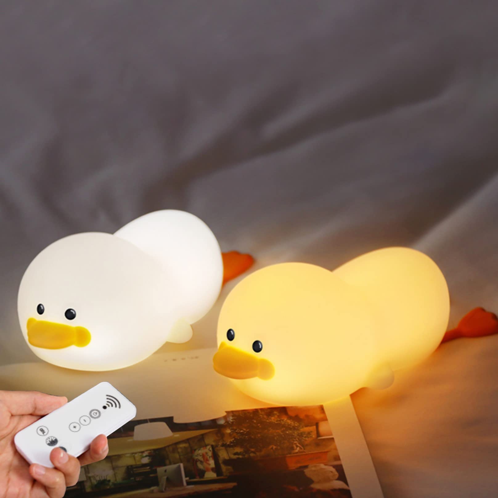 Leżąca kaczka lampki nocne dla dzieci, gąbczasta kaczka 8-kolorowa lampa LED zmieniająca słodkie silikonowe nocne lampki dotykowe z pilotem, lampki nocne ze zwierzętami (Color : 2 Pack)