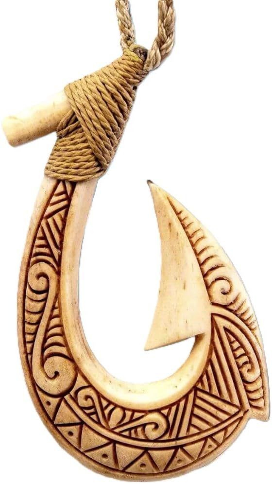 Aged bone Hawaiian fish hook necklace with scrimshaw. Hand carved.