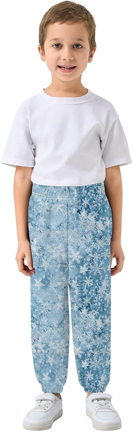 Boy Sweatpants Winter Snowflake Blue Joggers Casual Athletic Pants Kids Elastic Waist Cuffed with Pockets