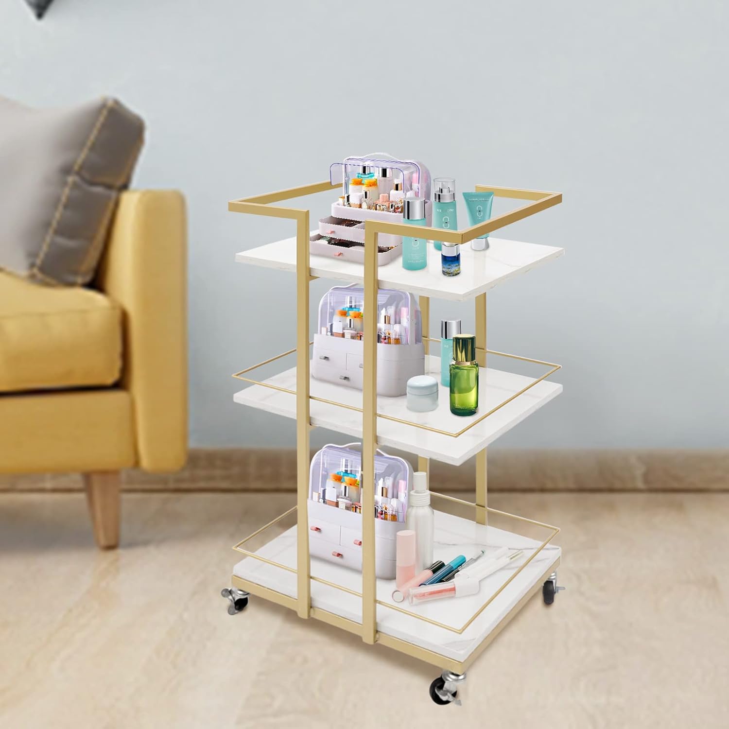 Rolling Storage Cart 3-Tier Metal & Wood Utility Trolley with Locking Wheels, 55lbs Capacity - Nordic Style Multi-Purpose Organizer for Kitchen, Salon, Bathroom, White & Gold Space-Saving Bar Cart