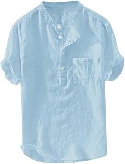 Summer Shirts Men's Short Sleeve Floral Cotton V Neck Slim Fit Linen Shirt Comfort Fit Striped Casual Shirt Shirts Short Sleeve Shirt Button Down Short Sleeve Shirt for Men Funky Short Sleeve Shirt