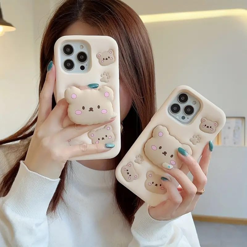 Image of COVERLY for iPhone 12 Pro Teddy Bear 3D Cartoon Case,Full Protective Cotton Bear Love Graphic Back Case with Holder Cute Soft Silicone Stylish Fashion Fun Aesthetic Cover for Apple iPhone 12 Pro