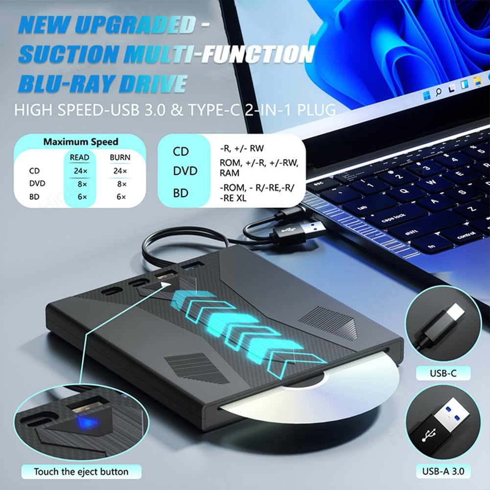 Grabadora de BLU-Ray Externa USB 3.0 Compatible con Discos 100 GB Reproductor DVD/CD/BD Unidad Óptica 3D para Portátil