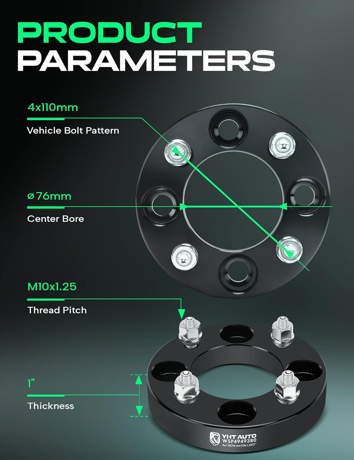 YHTAUTO 4x110 Wheel Spacers 1 Inch Compatible with Honda & Kawasaki & Yamaha, Foreman FourTrax Rancher Grizzly Kodiak Rhino, Tire Spacers w/10x1.25, 76mm Center Bore 4 Lug 2PCS Black