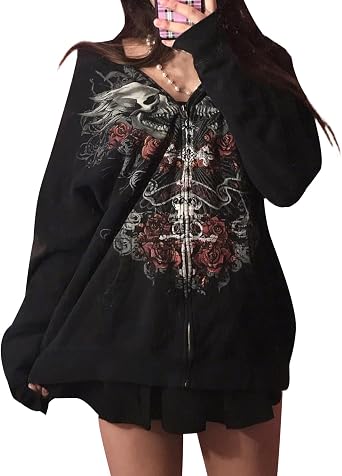 Women Zip Up Hoodie Y2k Vintage Skeleton Graphic Oversized Hooded Sweatshirt Aesthetic Jacket Grunge Clothes