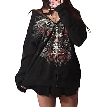Women Y2K Skull Hoodie Graphic Zip Up Grunge Aesthetic Hoodies Casual Vintage Oversized Sweatshirt Harajuku Jacket
