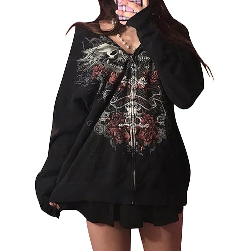 Kodaruber Women Y2K Skull Hoodie Graphic Zip Up Grunge Aesthetic Hoodies Casual Vintage Oversized Sweatshirt Harajuku Jacket - Medium - C Black