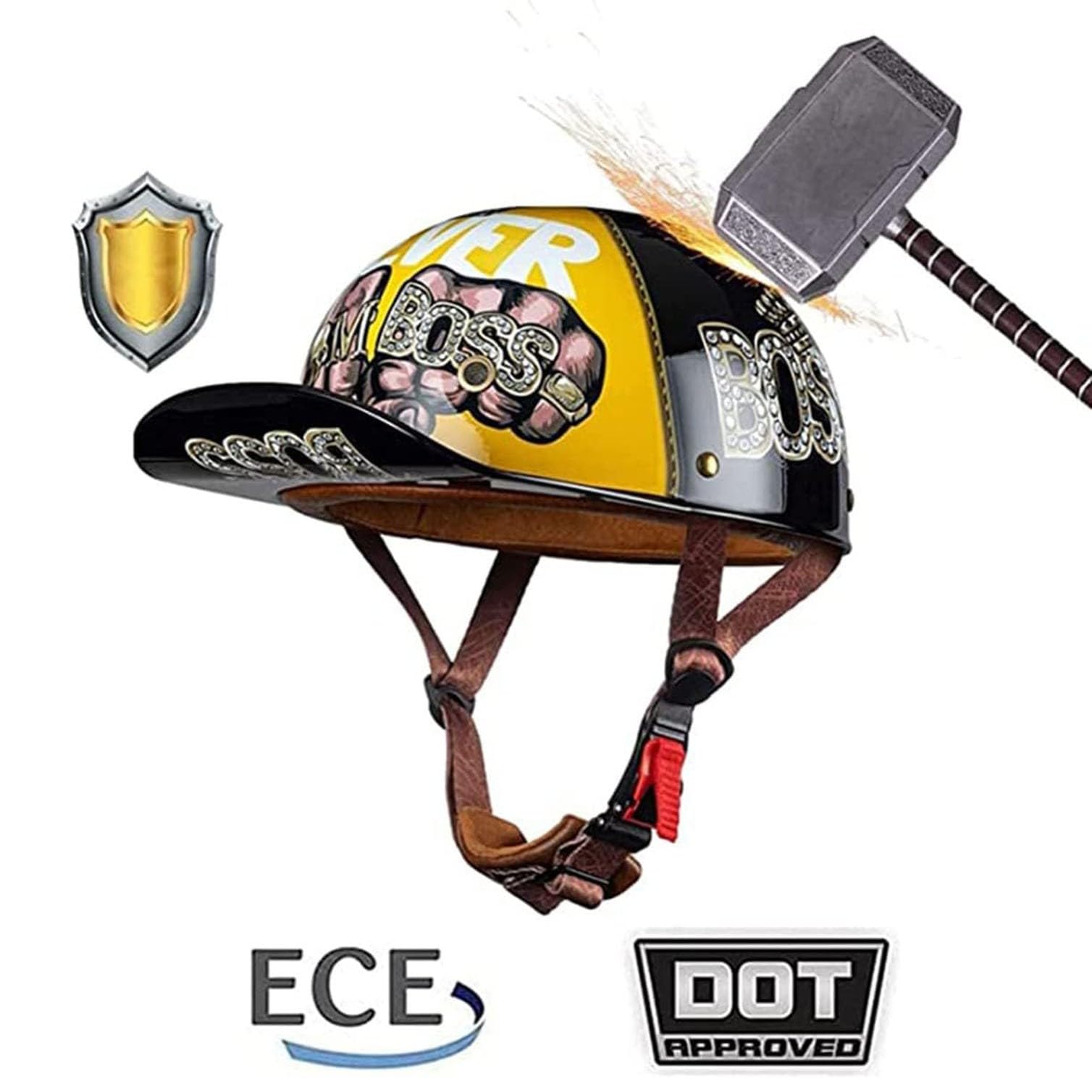 Casquette De Baseball Moto Casque Demi Vintage Casque Jet Demi Coque Mobylette Bols Casque ECE Homologué Pilote Casque De Scooter À Visage Ouvert pour Hommes Femmes