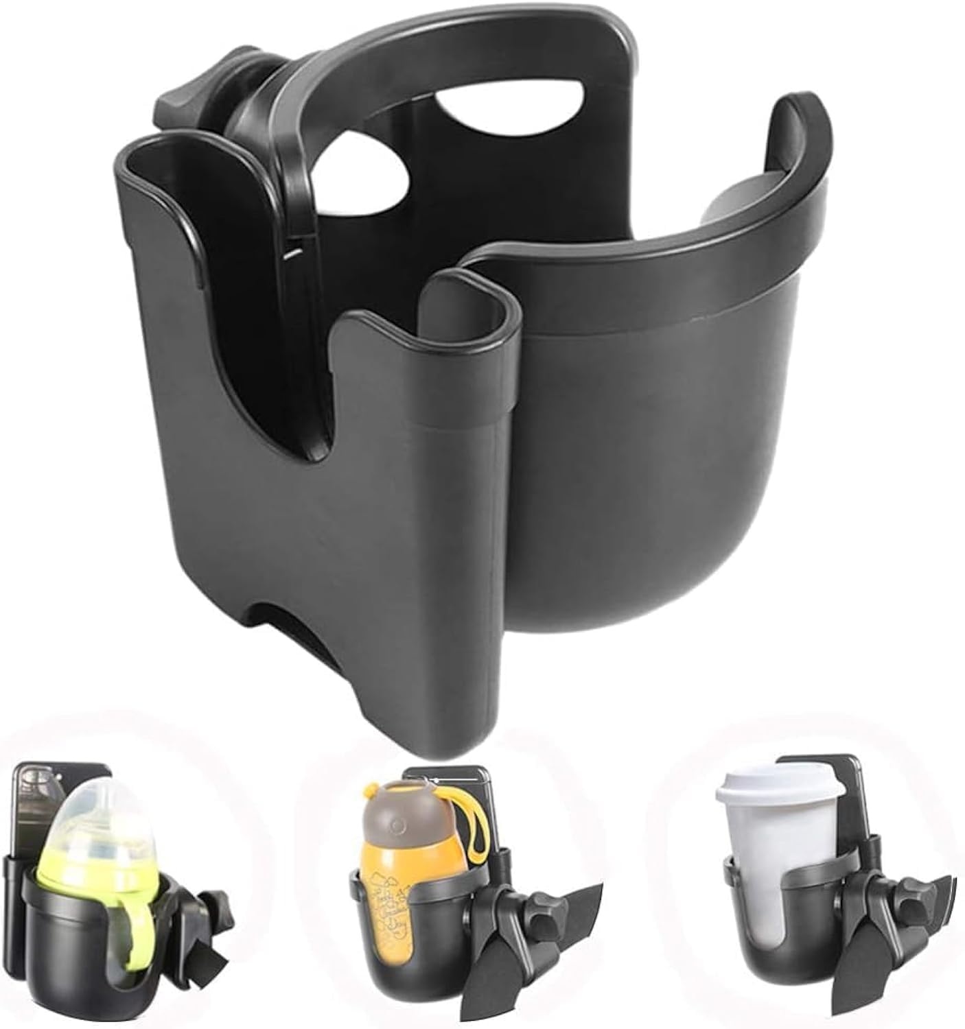 ECVV Universal Cup Holder,2-in-1 Stroller Bottle Holder with Phone 360 Degrees Rotation Large Caliber Drink Rack for Pushchair Crib Bicycle Wheelchair Walker Scooter Fishing Rod Treadmill