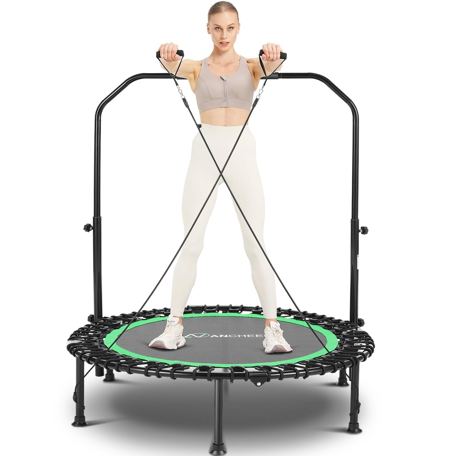 ANCHEER 40" Foldable Mini Trampoline for Adults - Max Load 450LBS Small Fitness Bungee Rebounder with 4 Level Adjustable Foam Handle Bar, for Indoor Exercise Workout in Home Gym or Garden