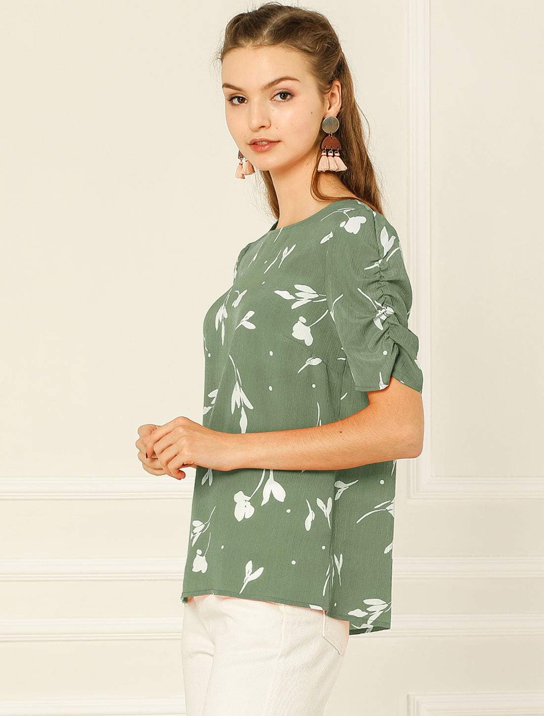 Allegra K Women's Floral Blouse Crew Neck Valentine's Day Casual Shirred Short Sleeve Top - Image 4