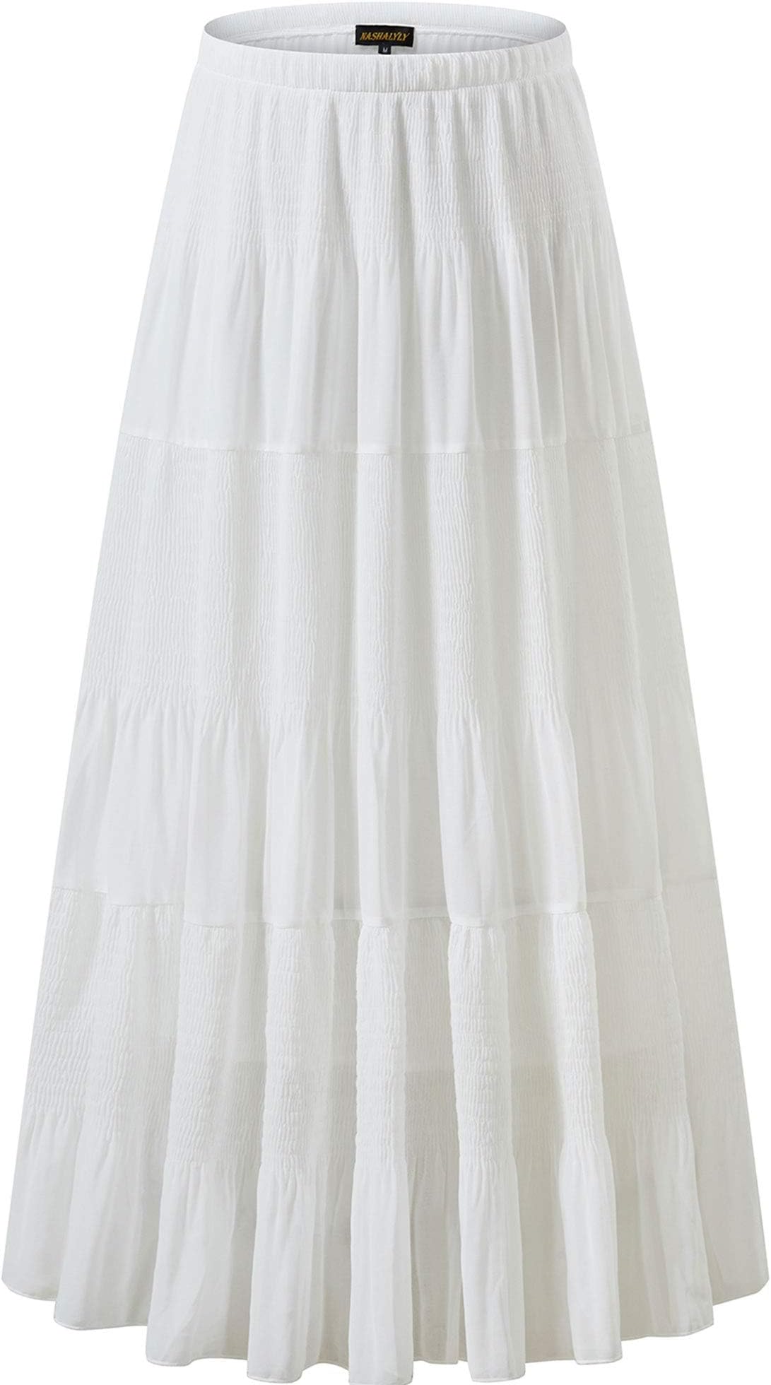 NASHALYLY Women's Chiffon Elastic High Waist Pleated A-Line Flared Maxi Skirts