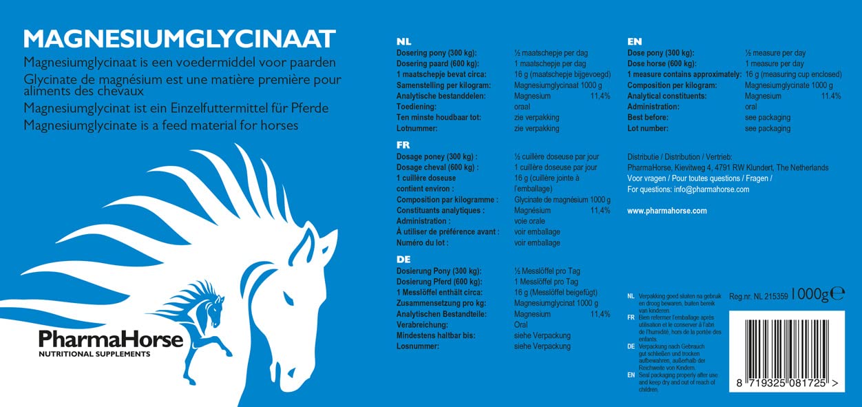 PharmaHorse Magnesiumglycinat | Premium-Qualität | zur Geschmeidigkeit der Muskeln und Stärkung der Knochen | Hochdosiert | 1000 Gramm