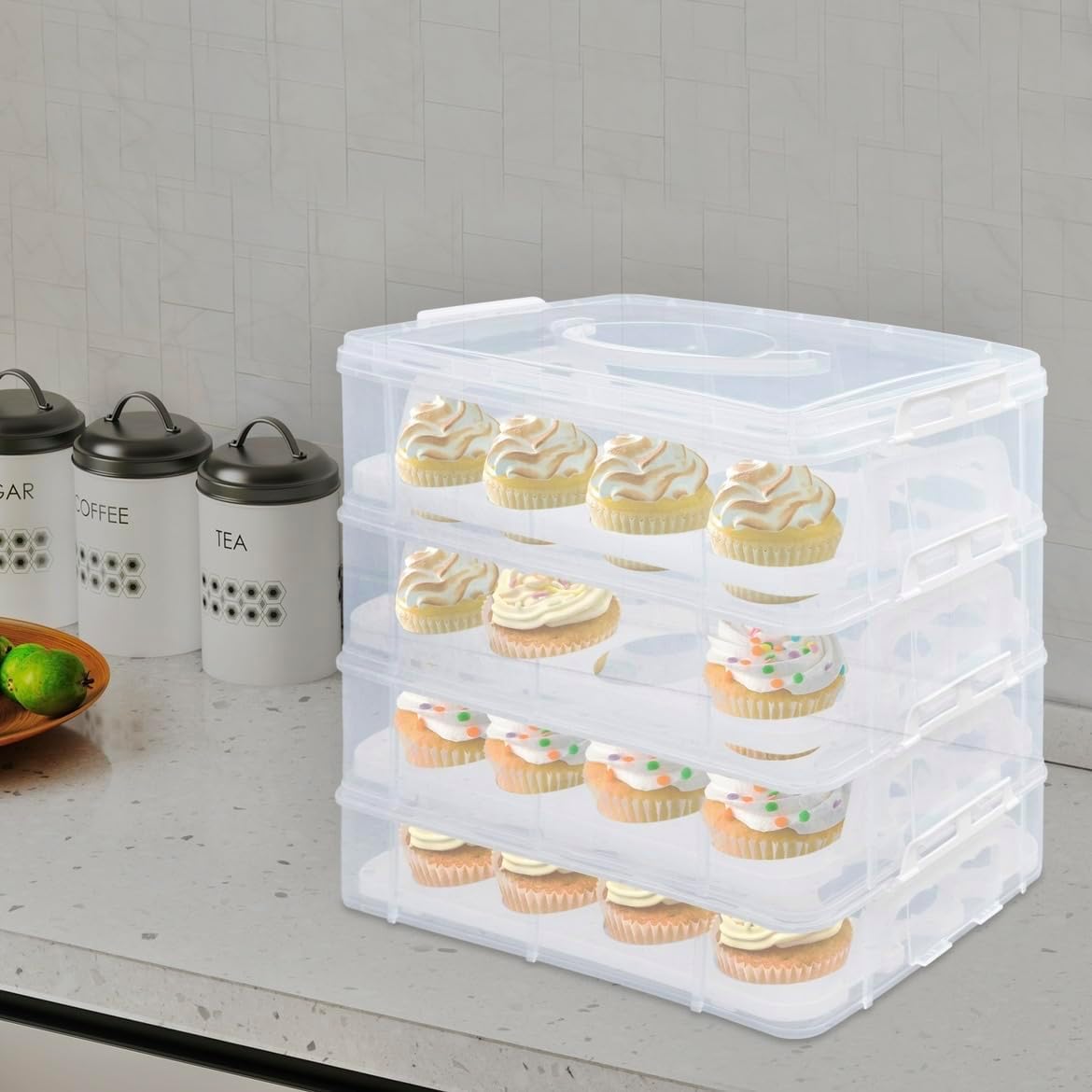 PERFERATE 4 Tiers Detachable Cupcakes Carrier Plastic Cupcake Containers for 48 Cupcakes, Clear Cupcake Holder with Lid & Handle Reusable Cup Cake Box for Dessert Storage