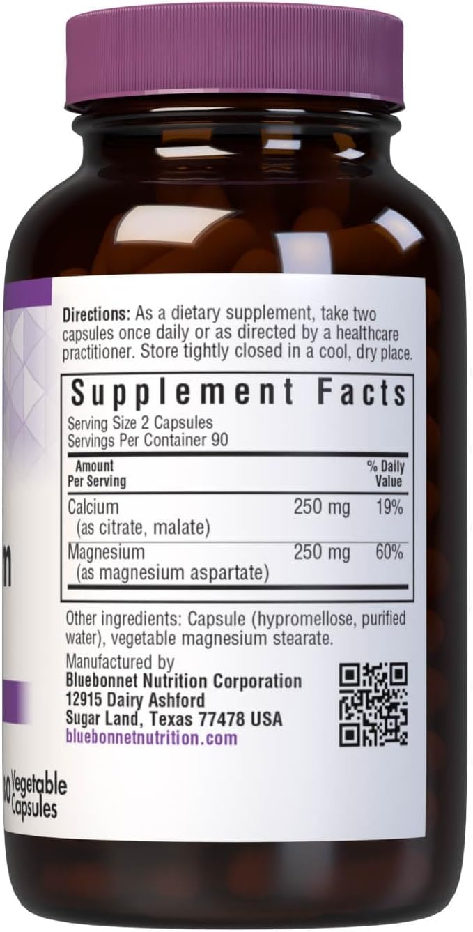Bluebonnet Calcium Magnesium 250 mg 1:1 Ratio Daily Bone Health Vegan Calcium Supplements for Women & Men - Non-GMO, Kosher, Gluten-Free, Soy-Free, Dairy-Free Bone Supplement - 180 Vegetable Capsules
