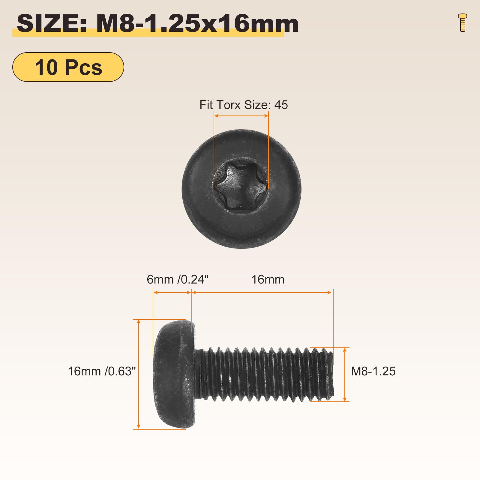 METALLIXITY Pan Head Torx Security Screws Bolts (M8-1.25x16mm) 10Pcs, Button Torx Head Machine Screws Carbon steel - Image 2