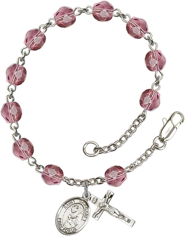 Februay Birth Month Bead Rosary Bracelet with Patron Saint Petite Charm, 7 1/2 Inch