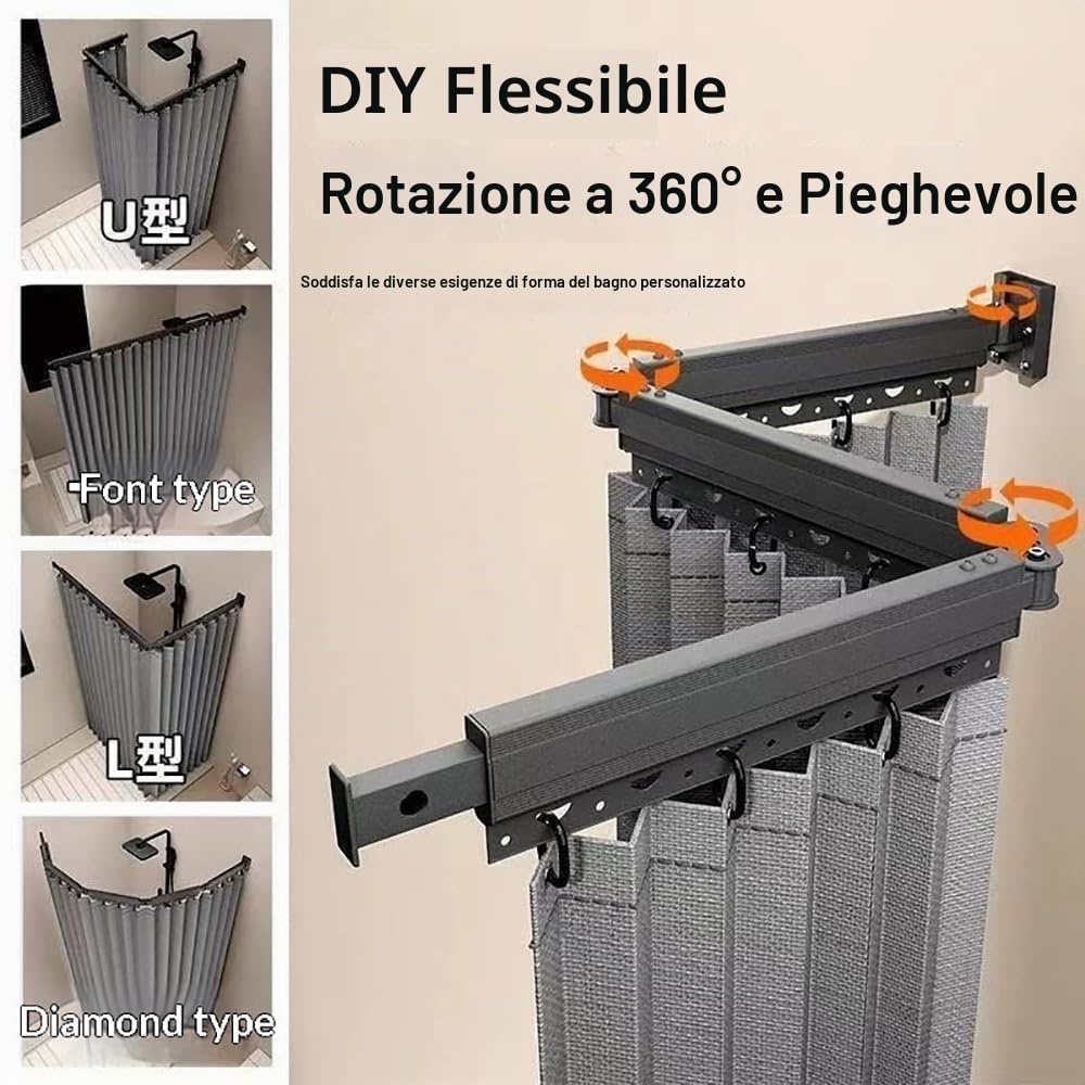 Tenda Doccia Angolare Antimuffa,Asta Pieghevole Per Tenda Da Doccia,Asta Per Tenda Da Doccia Angolare a Parete,1,8×2m Tendina Impermeabile,Pieghevole Forma U/L/Retta,Salvaspazio per Piccoli Bagni