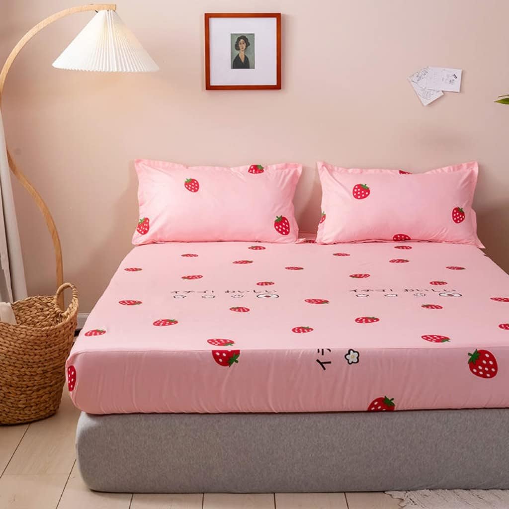 Kids Fitted Sheet King Size Girls Cute Strawberry Bedding Set for Children Bedroom Decor Girly Cartoon Fruit Print Bed Sheet Set Lovely Pink Bed Cover with 2 Pillow Cases,Flat Sheet not Included - Image 7