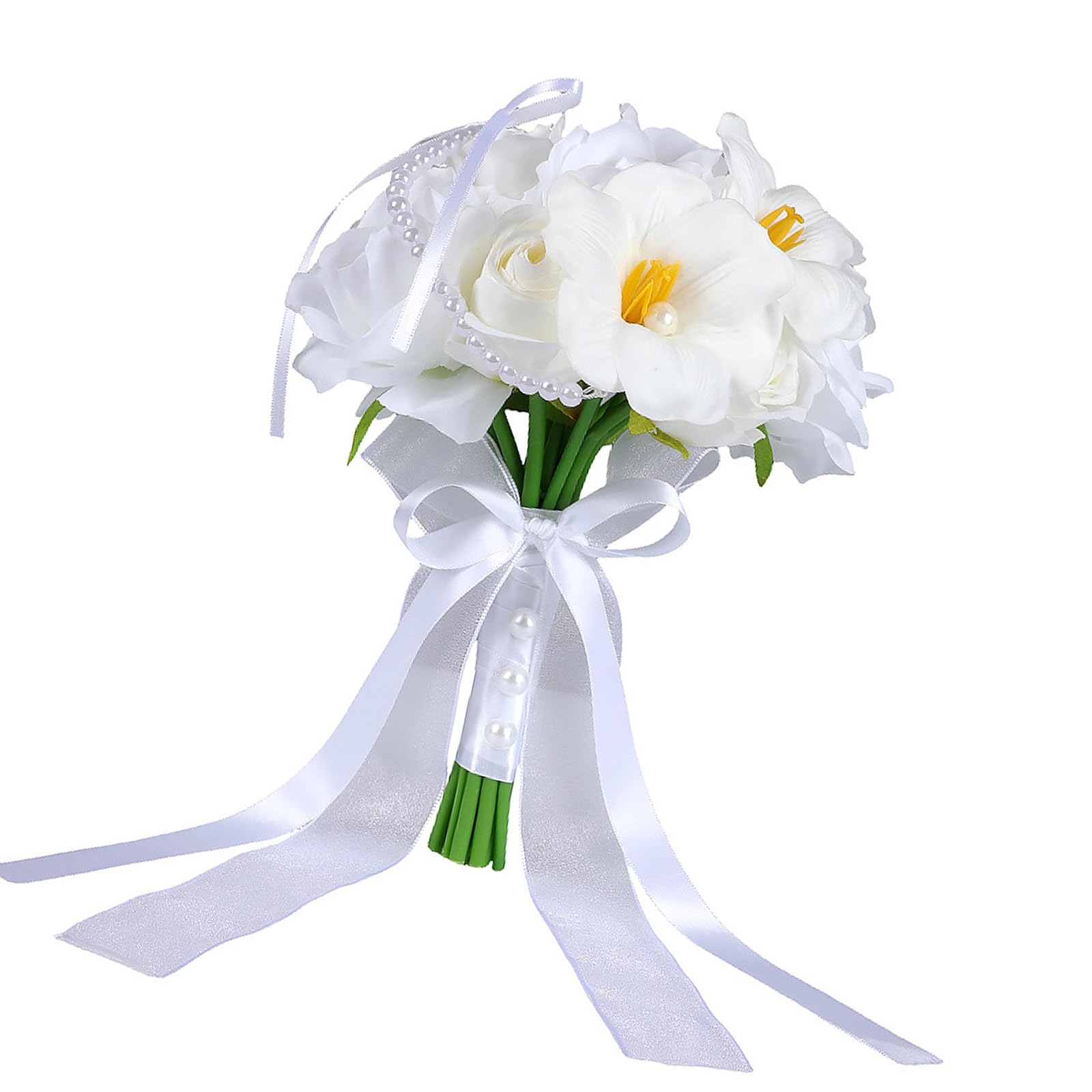 Meiliyizu Rose Bouquet Bridal Arrangement White Shades Low Care Wedding Flower for Bride Artificial Roses Bouquet White Shades for Ceremony Reception Bride