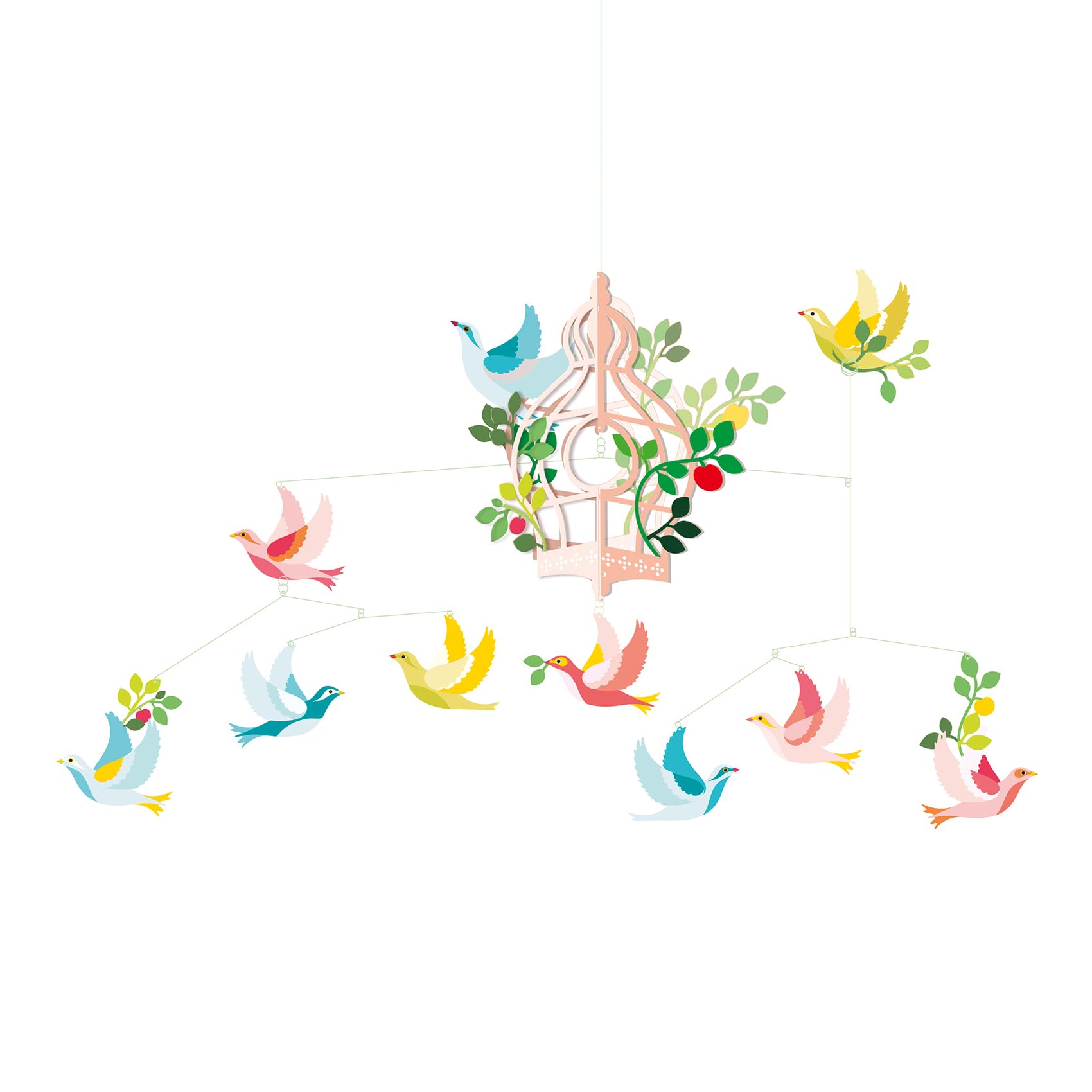 DJECO, Mobile bébé, La Cage aux oiseaux, 80 x 48 cm | Décoration de Berceau, Cadeau Naissance, Favorise l'Éveil, Facile à Suspendre, Fixation Adhésive, Papier et Métal