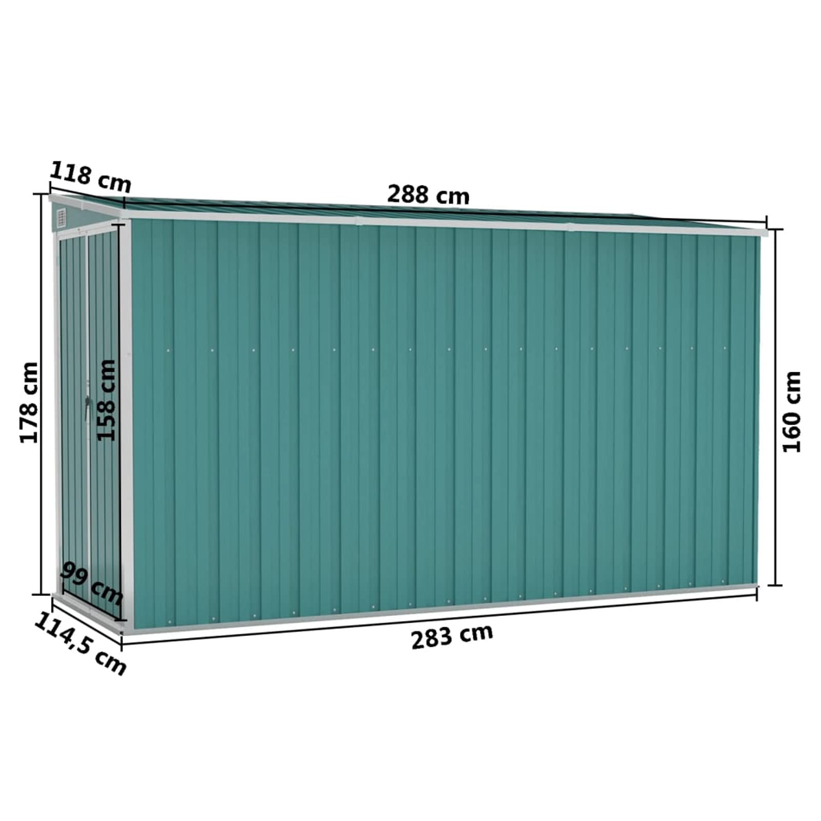ZEYUAN Casetta da giardino a parete verde, 118 x 288 x 178 cm, in acciaio zincato, rifugio da giardino, capannone per attrezzi da giardino