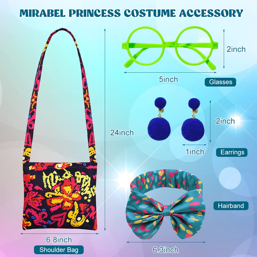 YYDSXK Mirabel Encanto Vestito, Principessa Mirabel Madrigal Costume per Ragazze, Mirabel Principessa Vestito con Borsa a Tracolla per Bambini 2-11 Anni Festa di Compleanno Cosplay