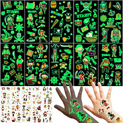 Qpout 10 feuilles de tatouages temporaires lumineux pour les enfants sur le thème des pirates, avec des autocollants en forme de crâne, de drapeau et de trésor, pour les garçons et les filles Cover