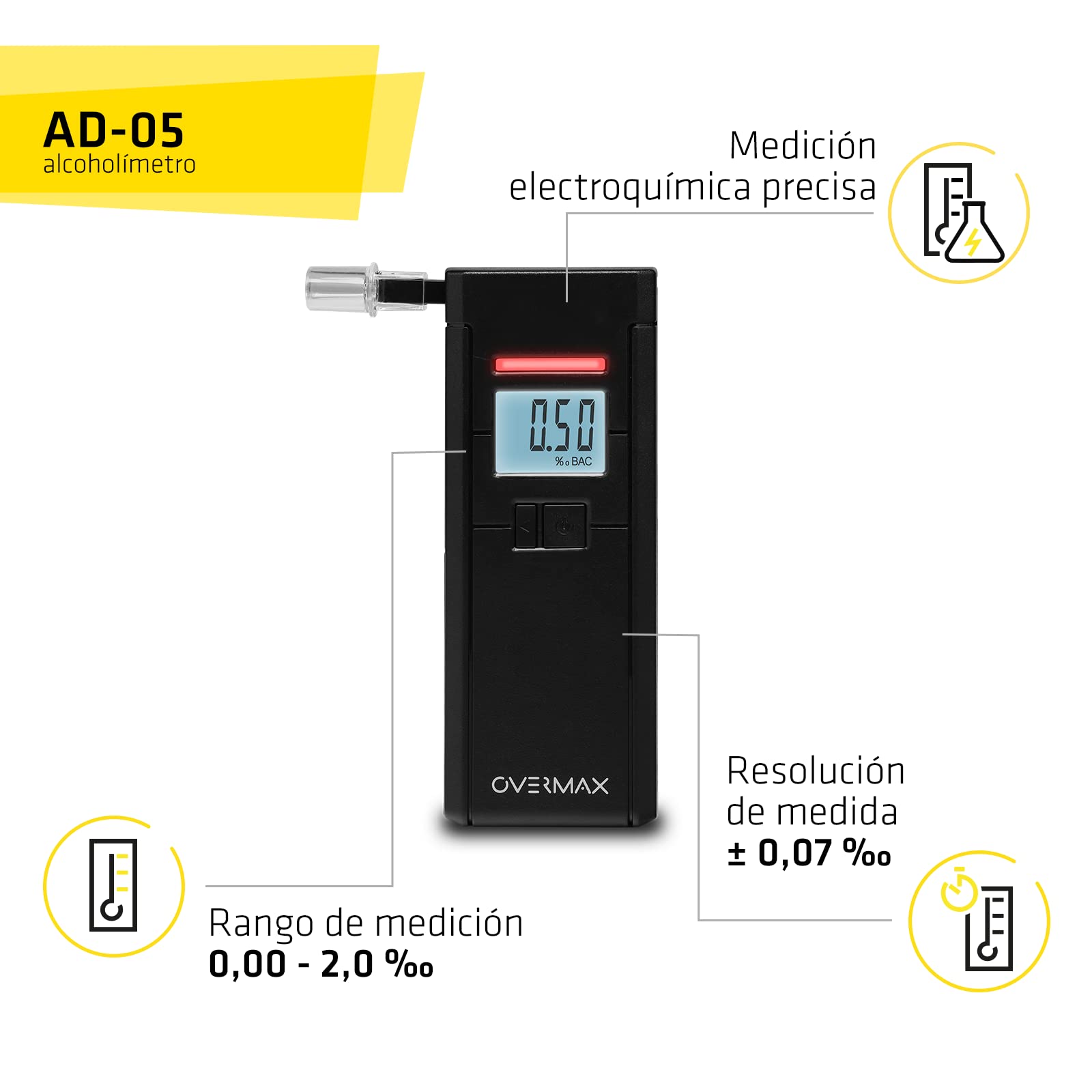 Overmax AD-05 Alkomat Professional, Sensor electroquímico, calibración, Tiempo de Respuesta 5s, Rango 0.00‰ a 2.00‰, 3 boquillas Incluidas, Fuente de alimentación con 2 Pilas AAA