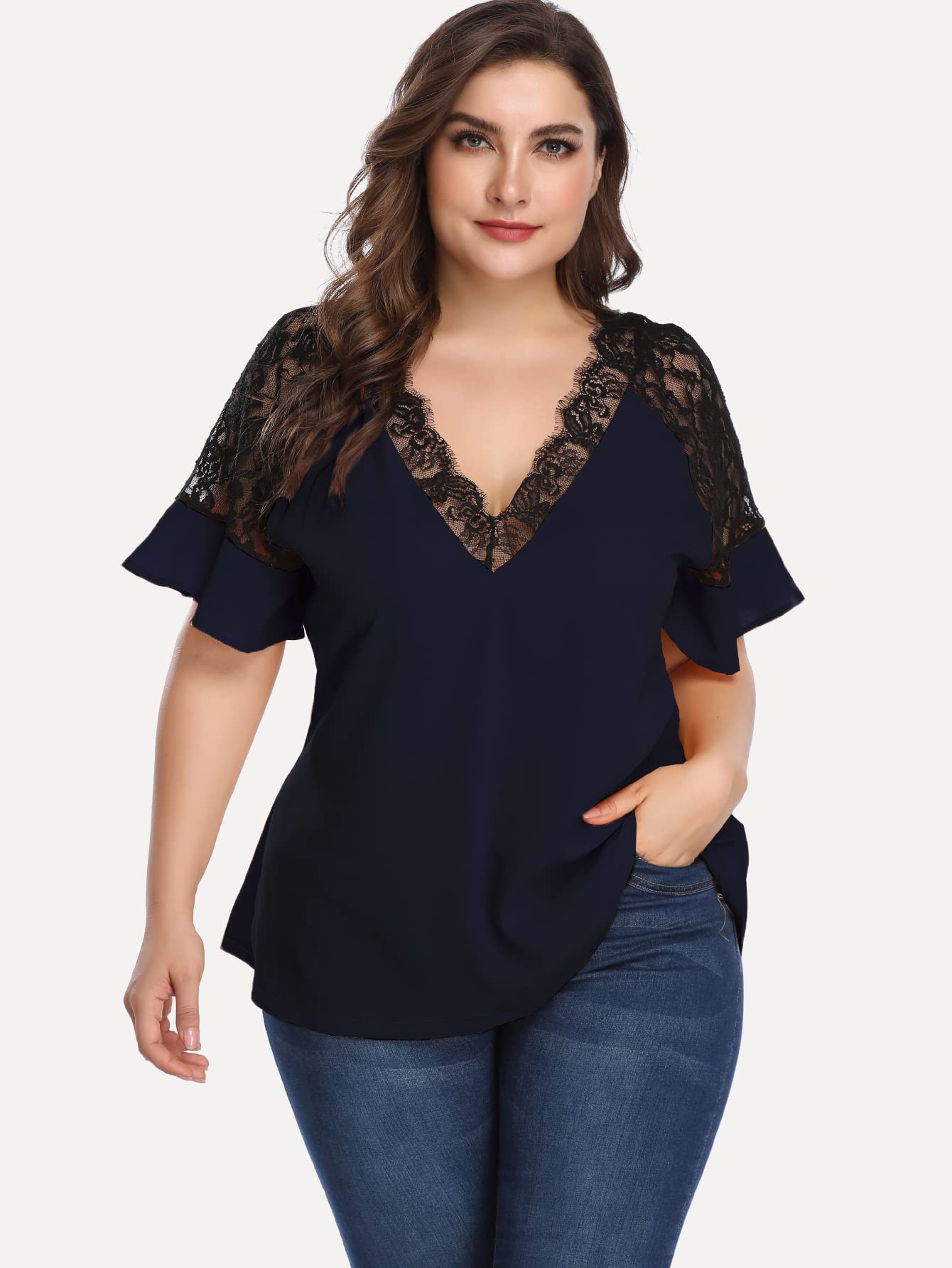 OYOANGLE Women's Plus Size Flounce Short Sleeve Work Office Lace Deep V Neck Elegant Blouse