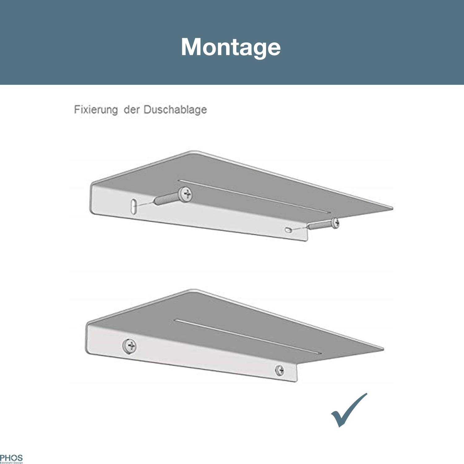 Duschablage 17 cm breit, Edelstahl gebürstet, 100% Made in Germany, Nachhaltige Produktion, für Shampoo, Duschgel, Seife - PHOS Design