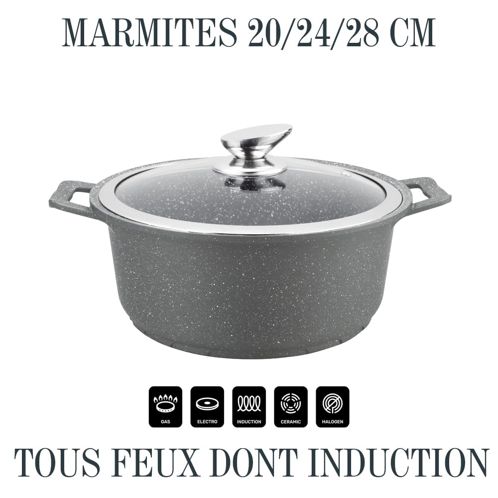 Lot Batterie de Cuisine Induction 13 Pièces Poêles, Marmites & Casserole en Fonte d'Aluminium – Manches Amovibles – Revêtement Céramique Antiadhésif sans PFOA/PFAS Tous Feux & Couvercles Verre (Gris)