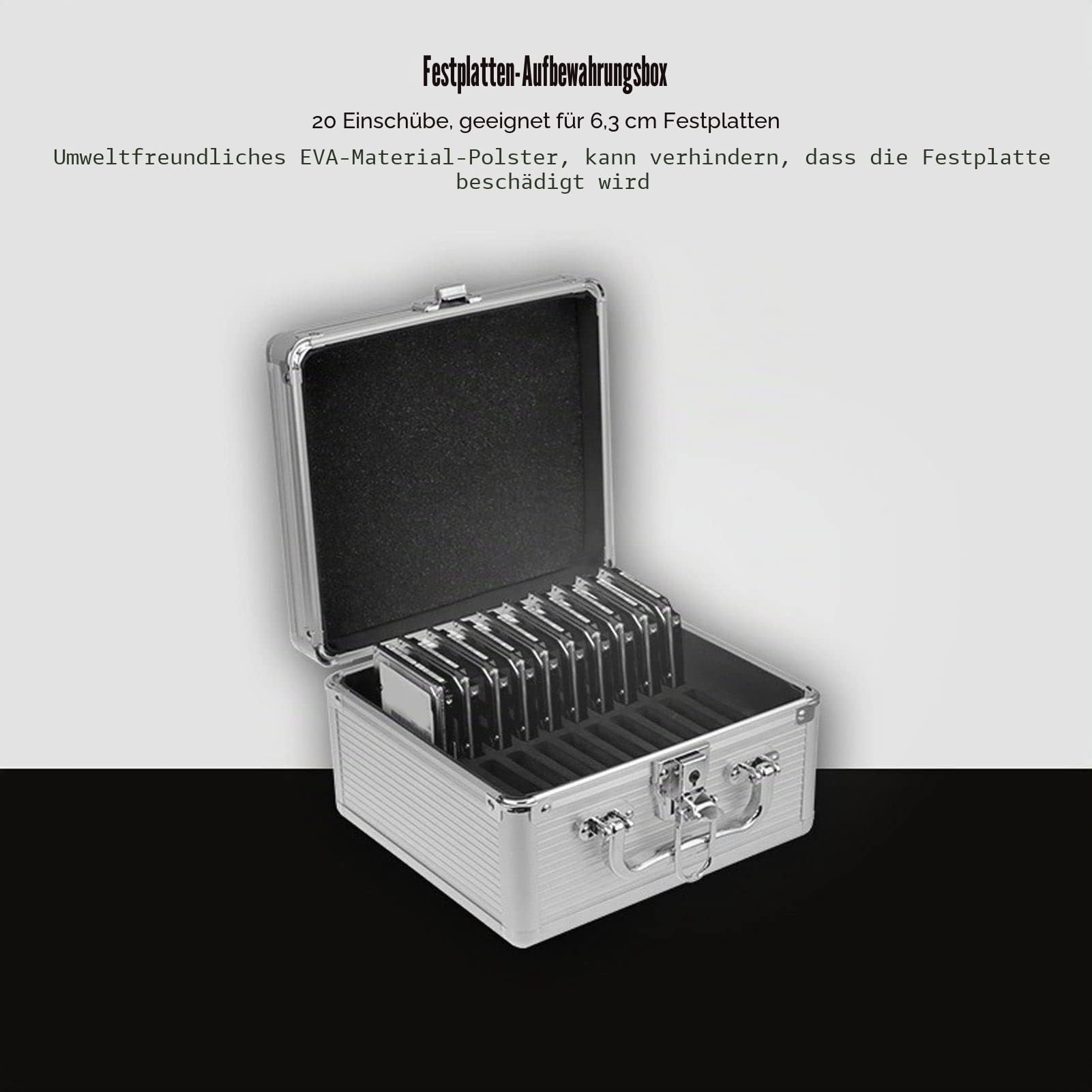 ASHATA Festplattengehäuse 2,5 Zoll 20 Schacht, HDD-Aufbewahrungsbox Koffer mit Sicherheitsschloss und Dämpfungspolster, Stoßfeste wasserdichte Tragetasche für Externe Festplatte, Silber