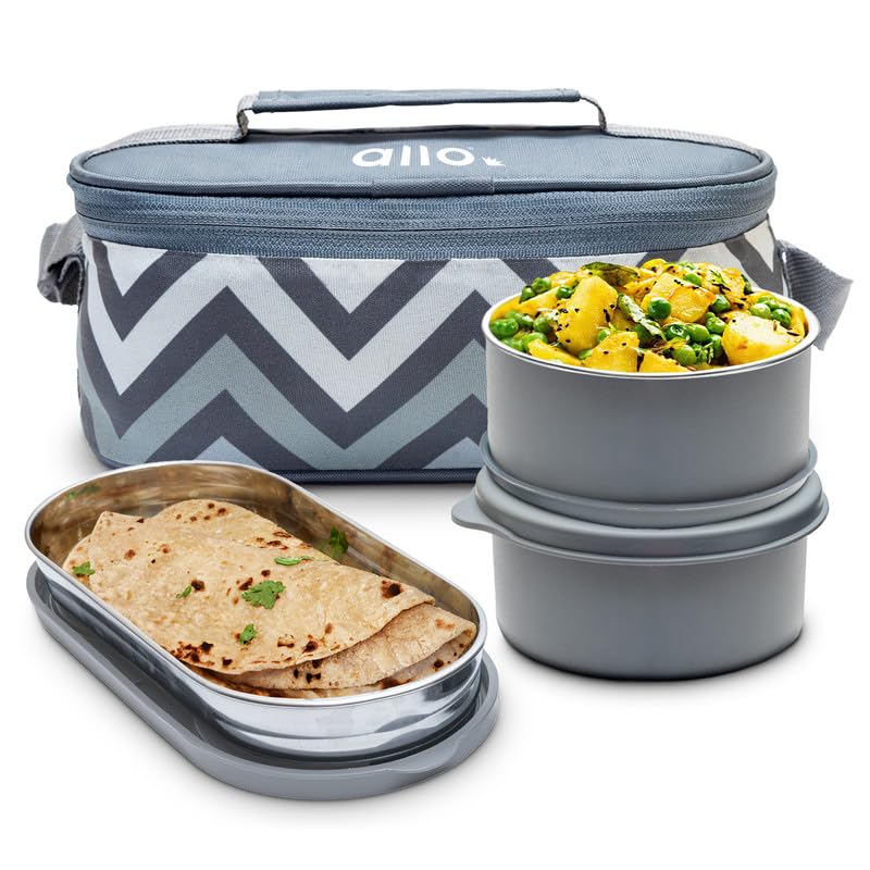 Allo Microwave Safe Steel Lunch Box for Office with Bag for Men and Women, Air Tight & Leak Proof Stainless Steel Tiffin for Office, School, College, Set of 3 with Chevron Grey Bag