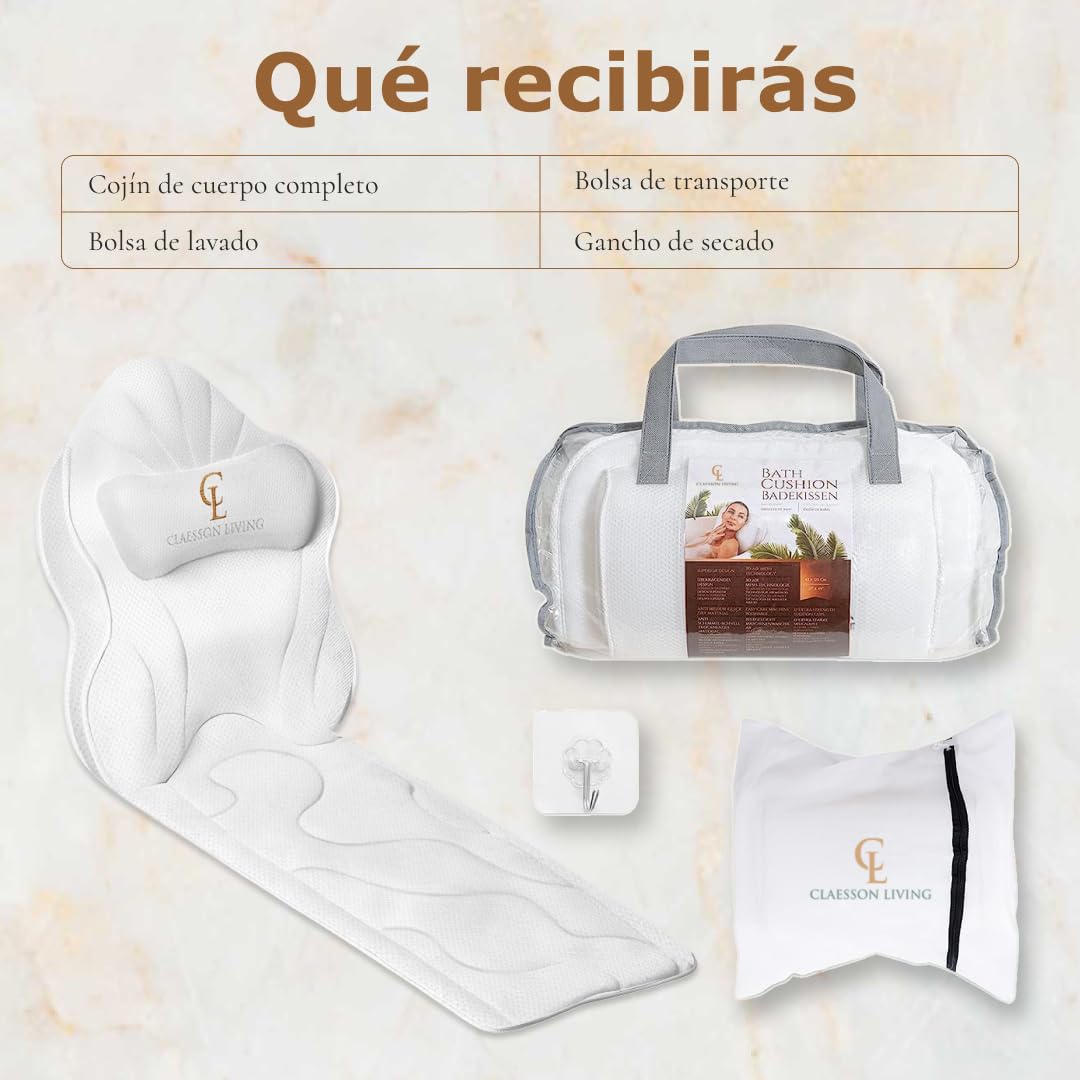 Cojin bañera (126x41cm) - Almohada bañera con apoyacabezas (13cm) y Soportes para el Cuello, Espalda y piernas – Incluye: Bath Pillow, Bolsas de Lavado y de Viaje, Gancho para Secado rápido Blanco