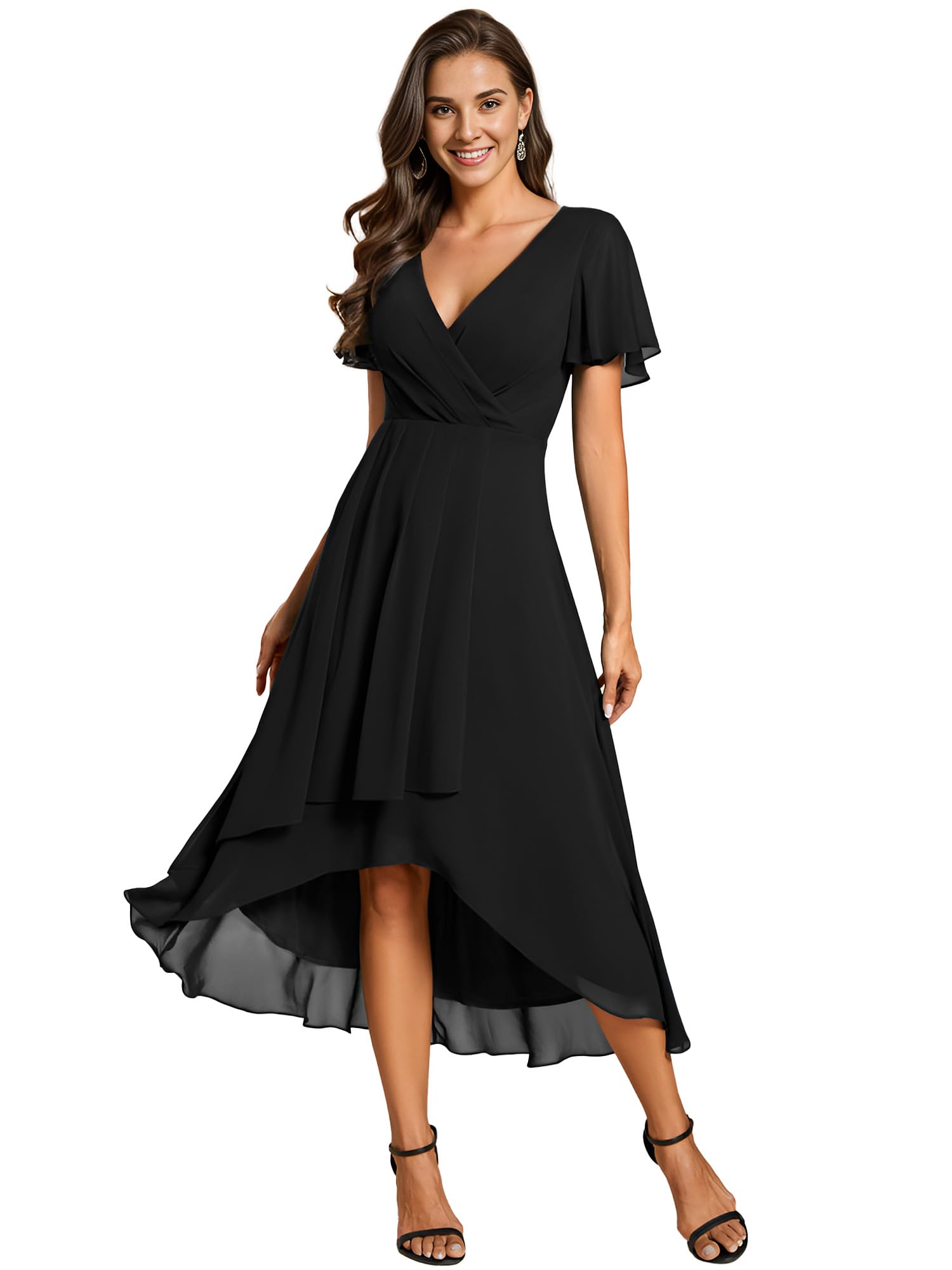 Ever-Pretty Women's Chiffon Formal Dresses V Neck Ruffle Sleeves Pleated High Low Summer Wedding Guest Dress