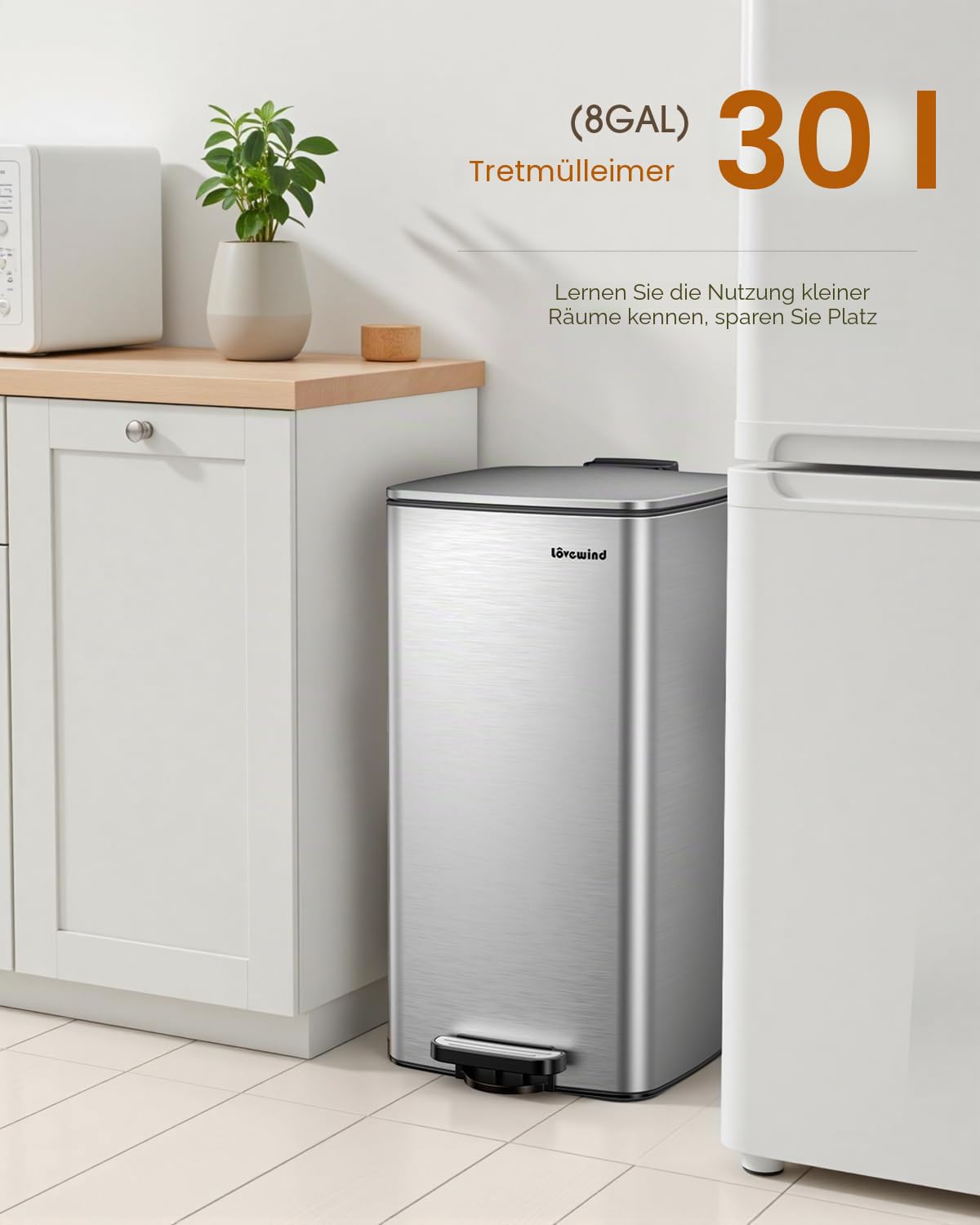 lovewind Küchenabfalleimer, 30L Silber Mülleimer Küche aus Edelstahl mit Pedal, mit Deckel und Inneneimer, Sanft Schließend und Offen Bleibend, Geeignet für Küche, Bad und Wohnzimmer