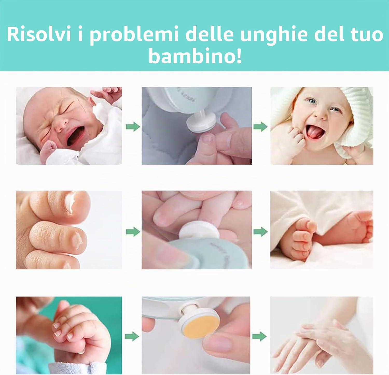 Tagliaunghie Neonato,Lima Unghie per Bambini,6 in 1 Lima per unghie elettrica per bambini,Tagliaunghie per Bambini, con Testine Abrasive Intercambiabili(Verde)