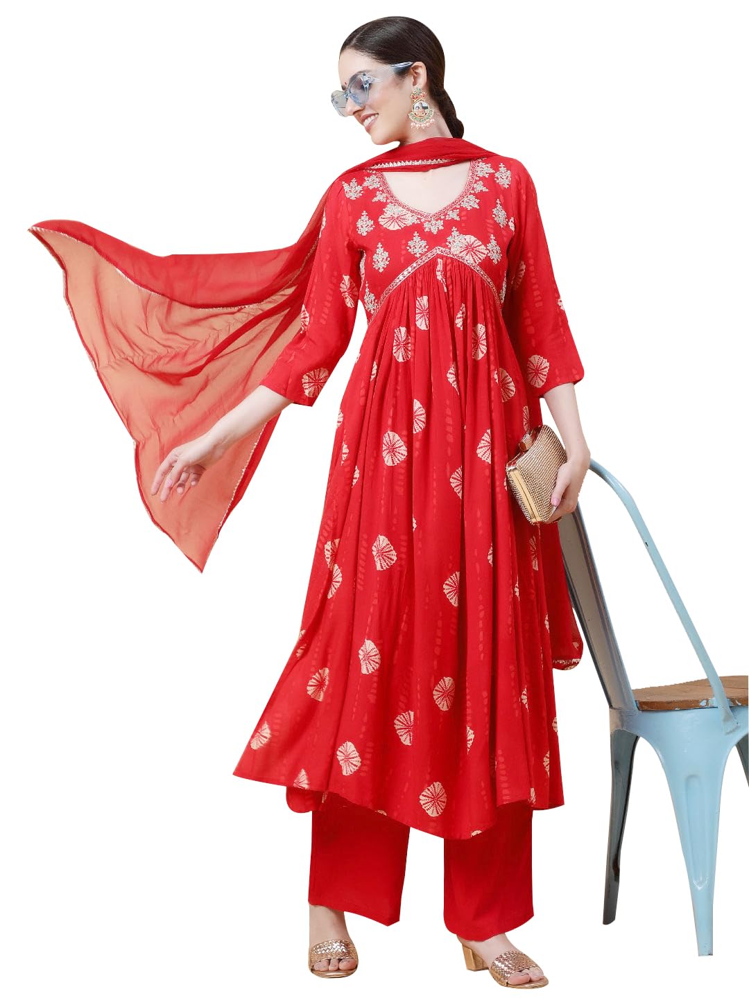 kimayra Women's Rayon Calf Length Printed Flared V-Neck Kurta Bottom Dupatta-picture-29