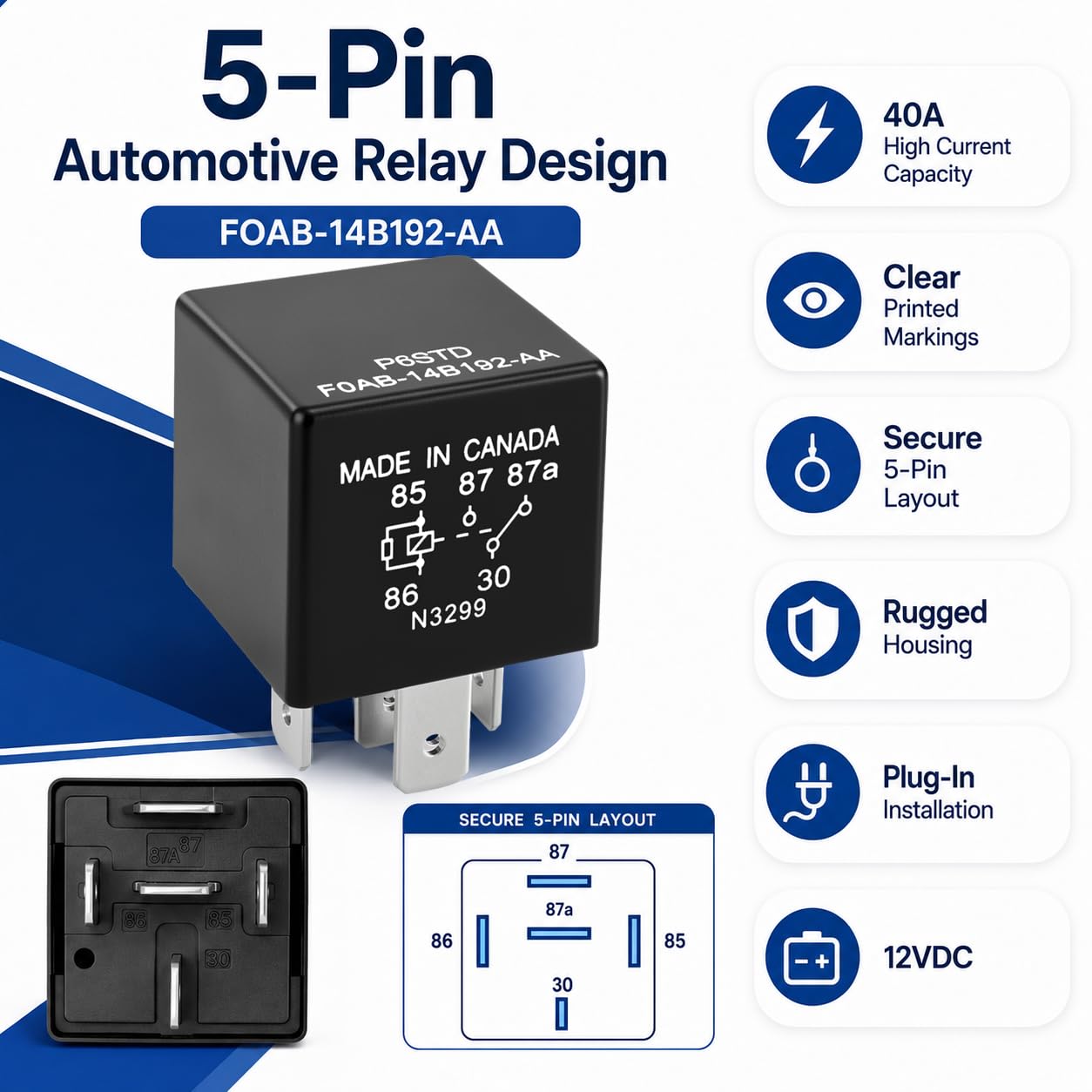 P6SDT FOAB-14B192-AA - Relé automotriz (paquete de 2) - 40 A, 12 VCC, 5 pines, repuesto OEM F0AB-14B192-AA para sistemas eléctricos Ford