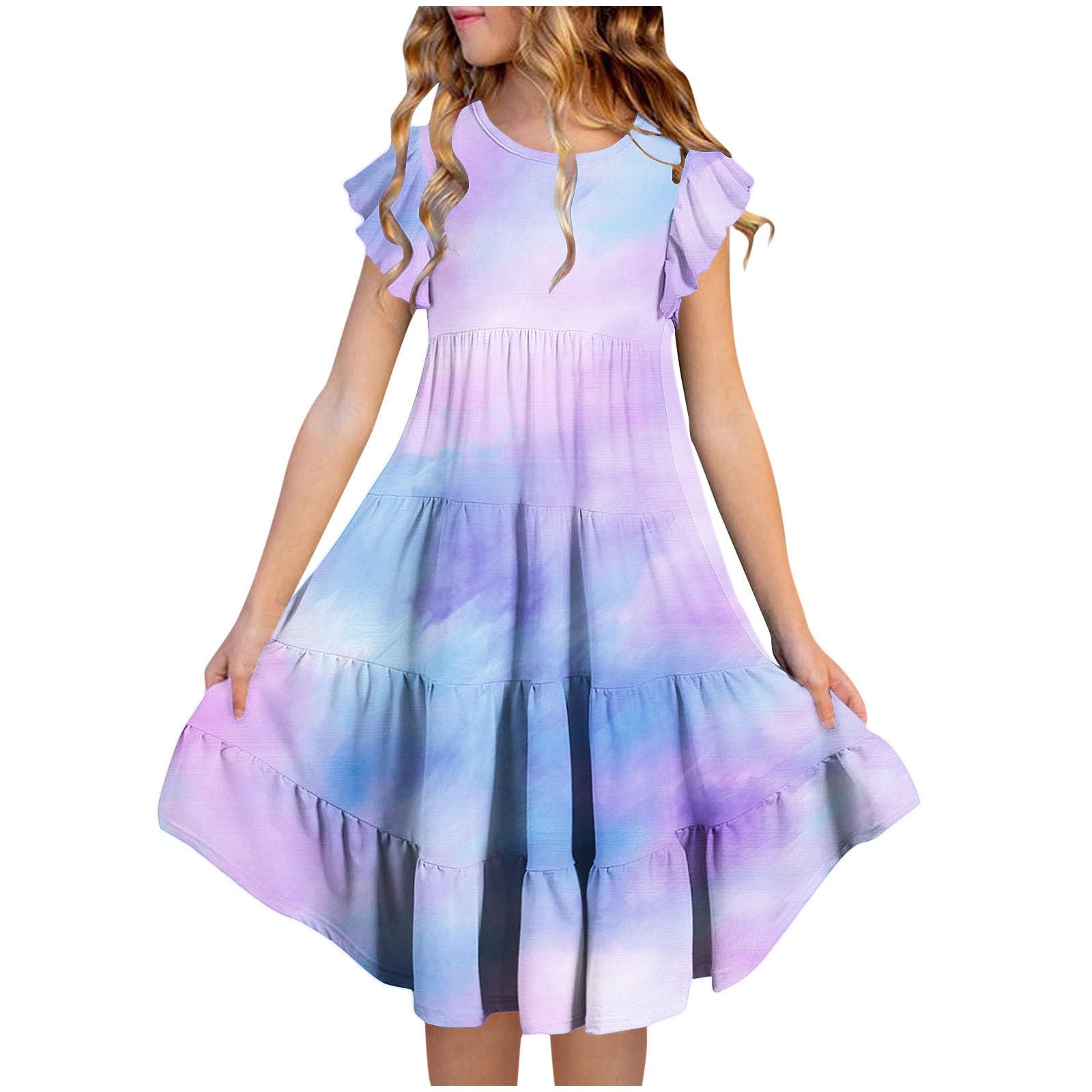 Clearance+Plus+Size+Costumes Girls Summer Dresses Double Layer Flutter Sleeve Flowy A-Line Sundress Casual Gradient Midi Dresses for 6-15 Years Purple Tween Dresses 12-14 Girls 12-13 Years