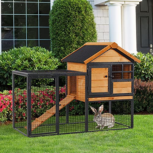 PawHut Kaninchenstall erhöhtes Haustier Haus mit Abschließbare Tür Outdoor Holz-Metall Hellgelb 122 x 63 x 92 cm – Bild 3