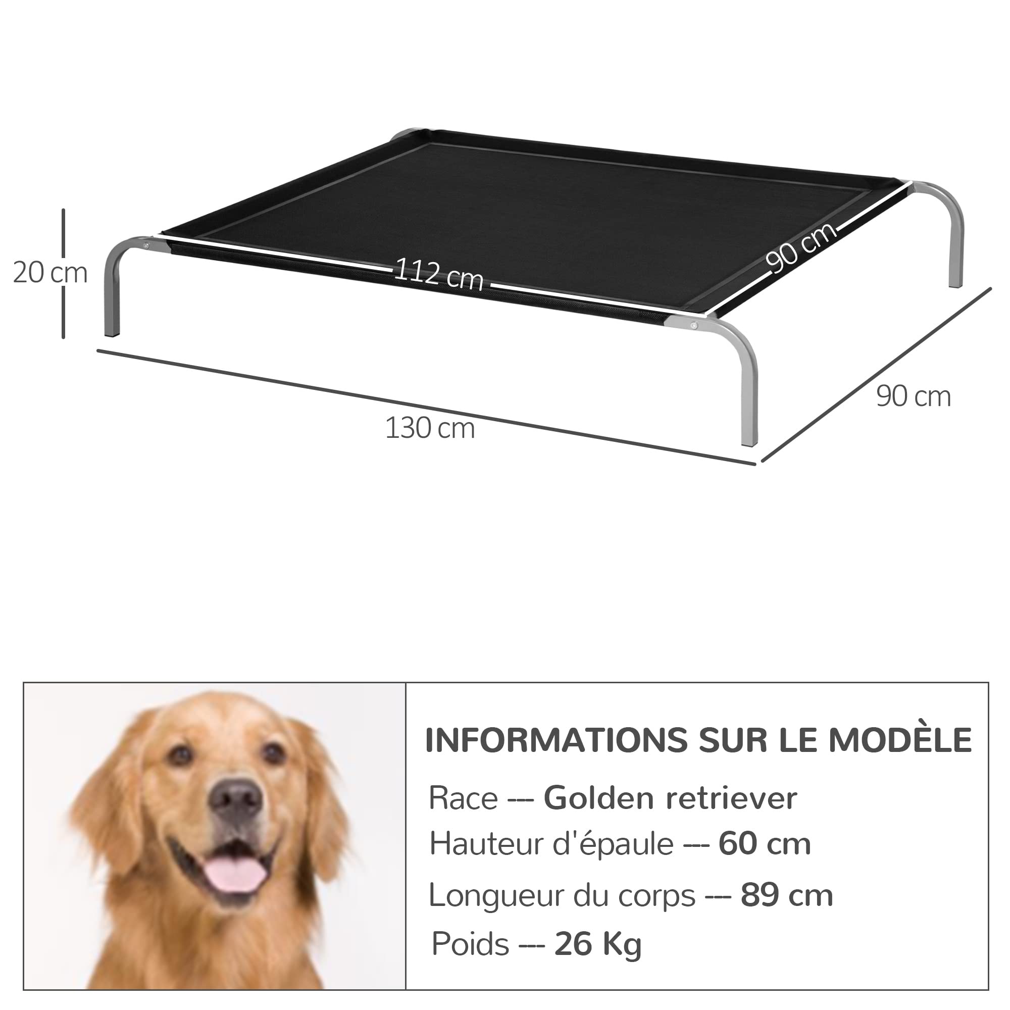 PawHut Lit pour Chien Chat XXL Grand Confort sur Pieds lit de Camp 130L x 90l x 20H cm textilène Micro-perforé Noir