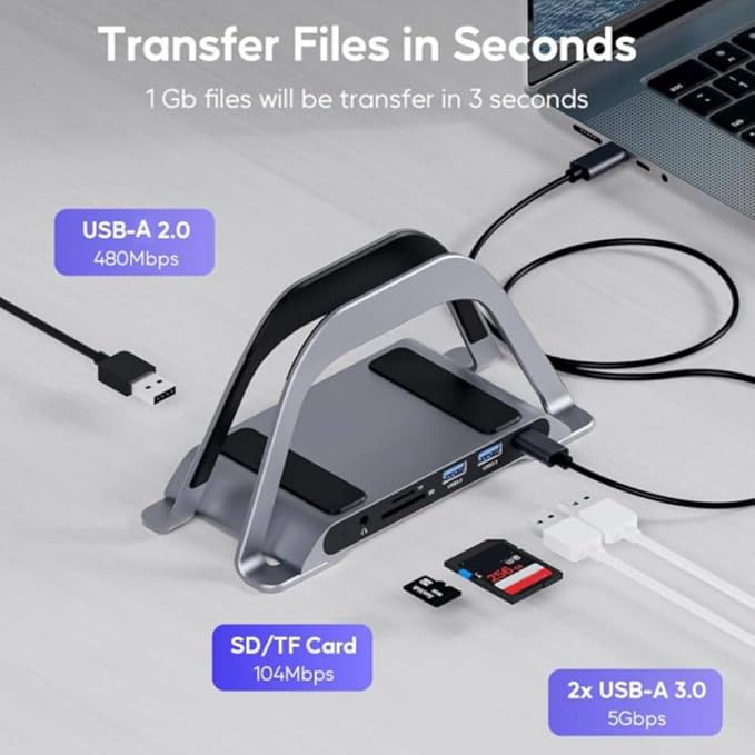 Docking Station USB C con Soporte Vertical 4K HDMI USB A C SD TF PD3.0 Ethernet miniatura 4