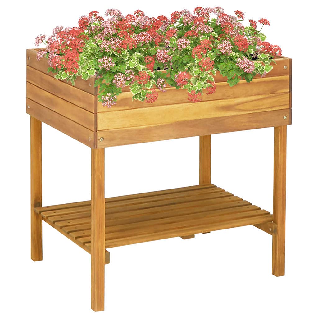 vidaXL Garden Planter with Shelf, Solid Acacia Wood with Light Oil Finish, Raised and Weather Resistant, Plant Pots for All Types of Plants