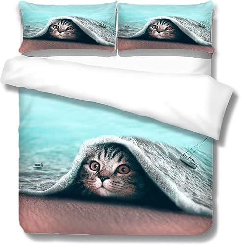 YaoCheng - Juego de edredón con estampado de gato tamaño Queen juego de ropa de cama con estampado de gato 3 piezas poliéster suave regalo de