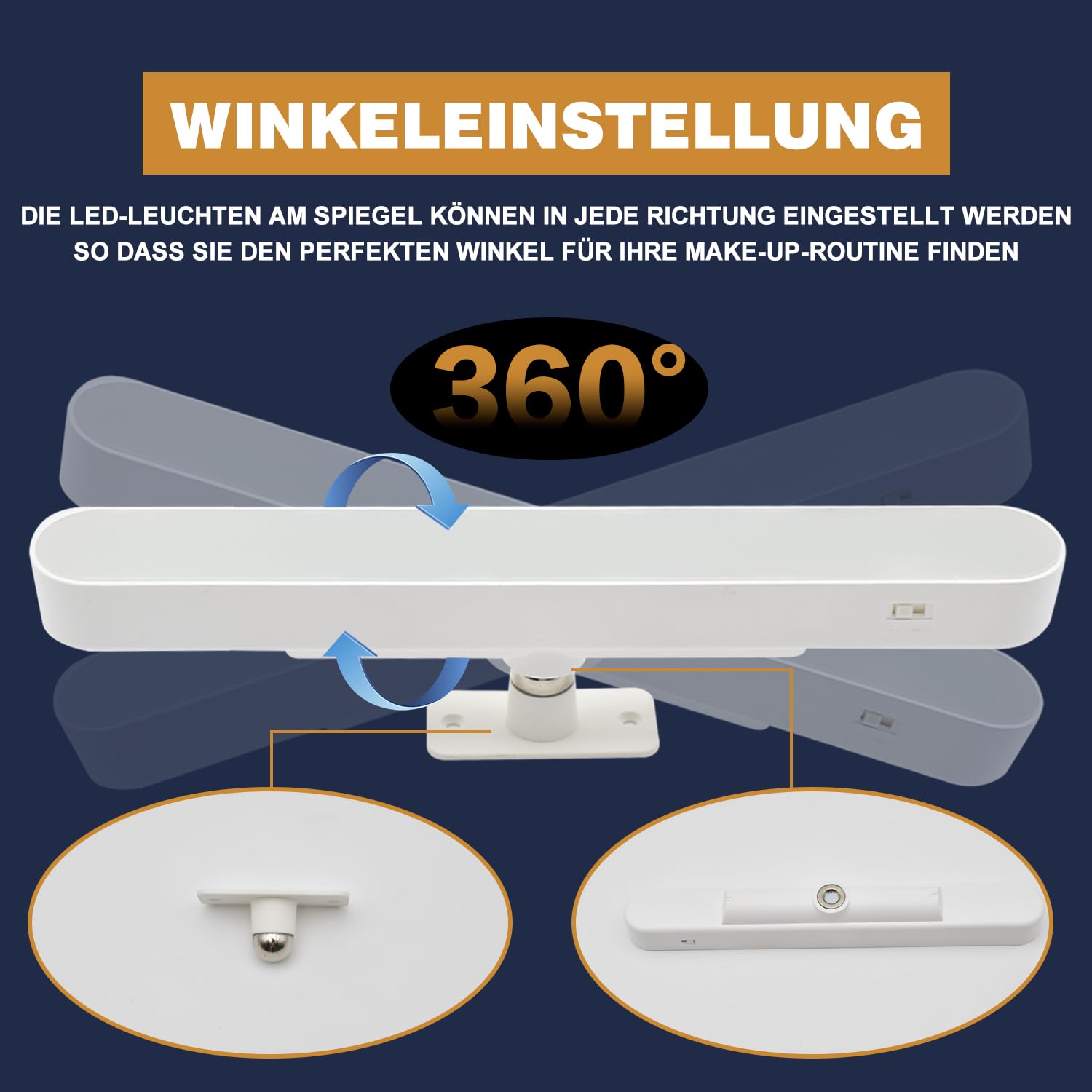 Oświetlenie toaletki LED, 4000 mAh, oświetlenie lustra, oświetlenie lustra, bez kabla, zdejmowana lampa obracana o 360°
